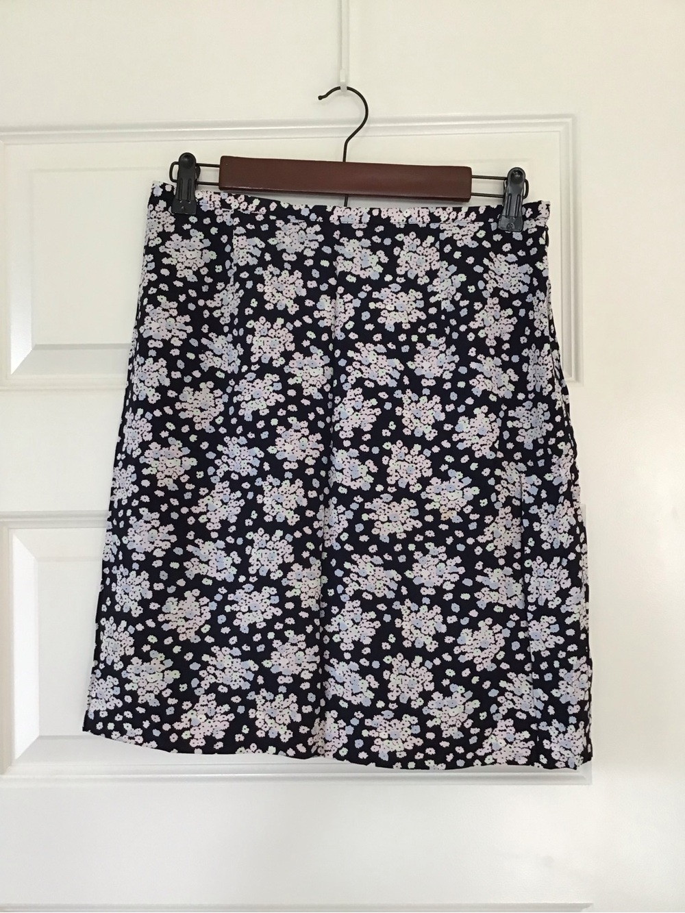 Karen Kane Navy A-Line Skirt with White and Light Pink Floral Print
